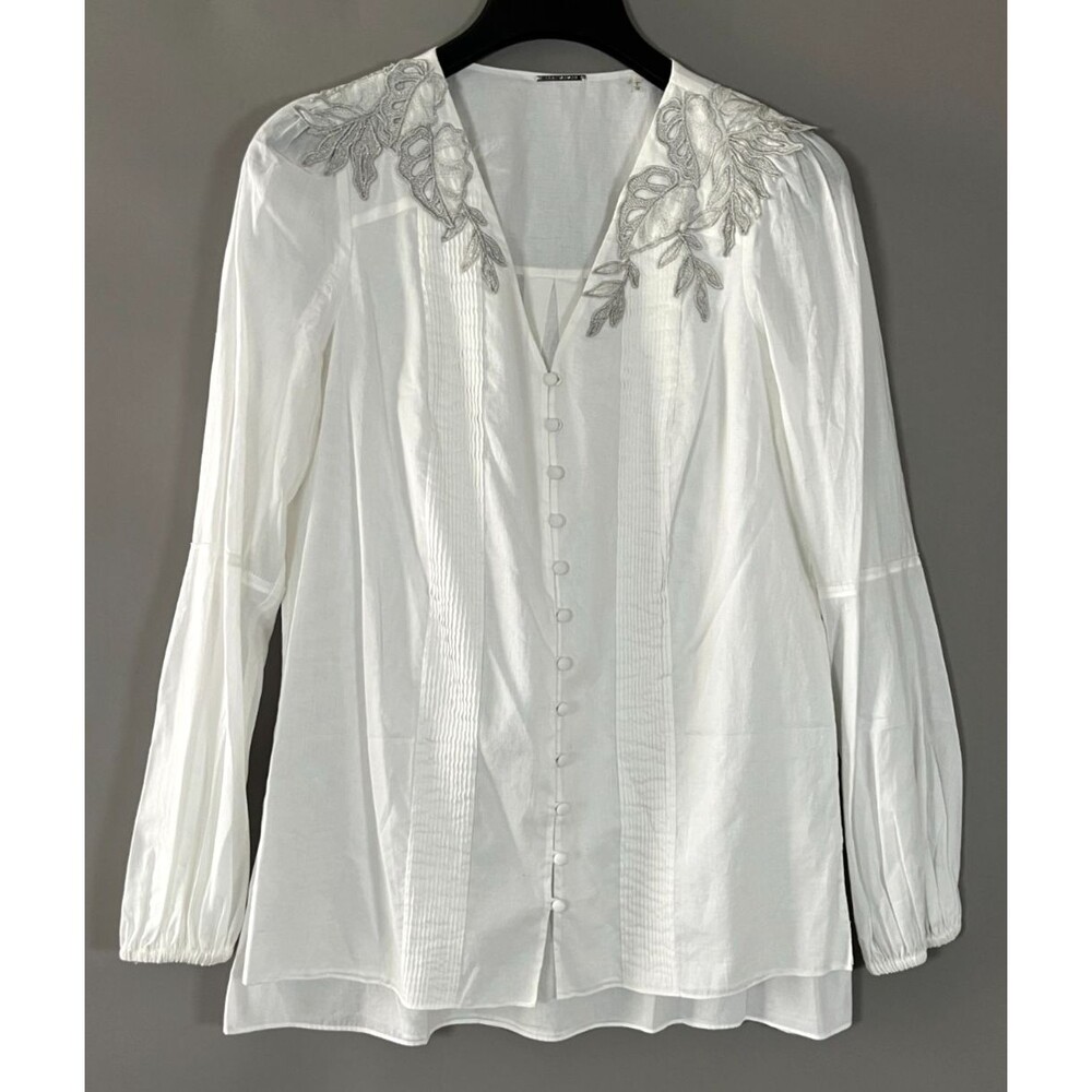 Elie Tahari Leigha Blouse‎ Top Small Silver Emroidered Cottage Boho Edwardian